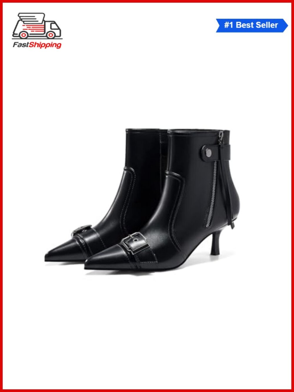 ✨ Coutgo Womens Faux Leather Pointed Toe Kitten Heel Ankle Boots Buckle Tassel